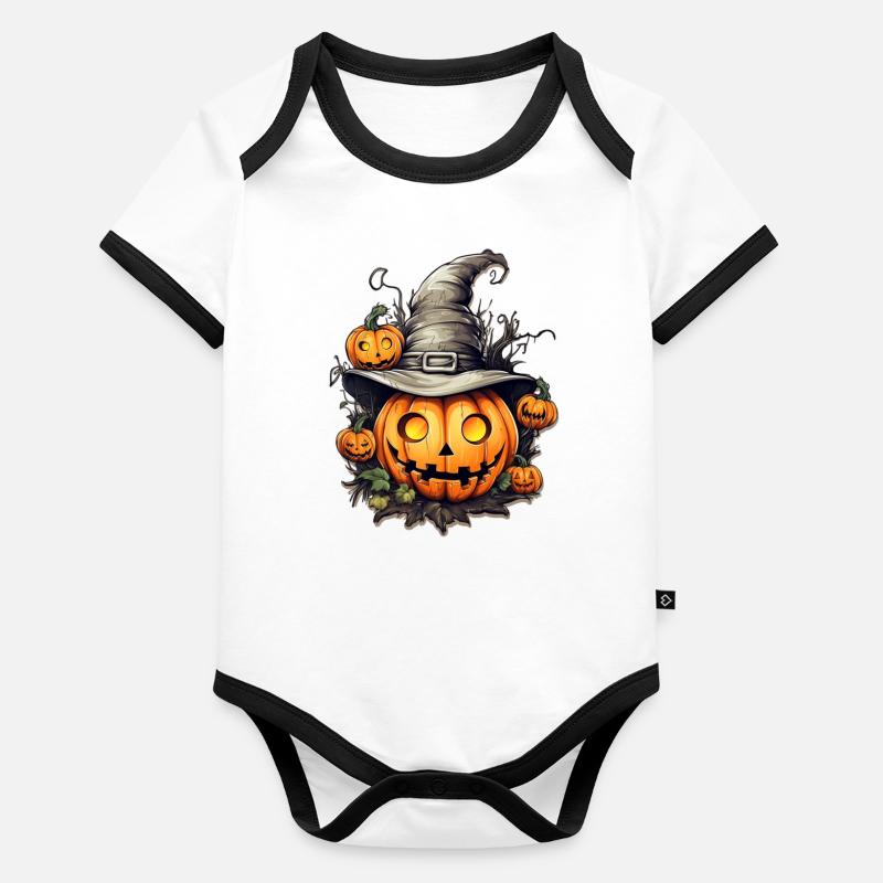 Kürbiskopf mit Hexenhut, Halloween Baby Bio-Kurzarm-Kontrastbody