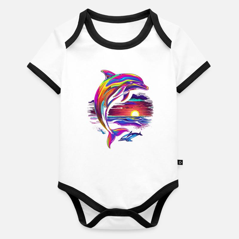 Dauphin océan mer créature coucher de soleil Pop Art Body Bébé bio contrasté manches courtes