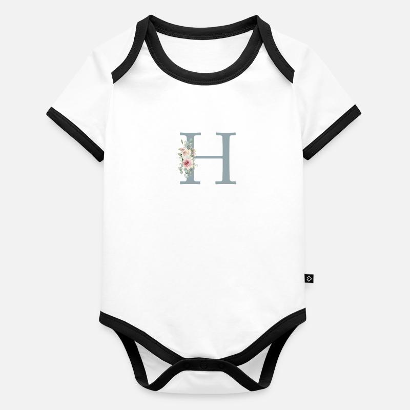 H| Monogramm | Eukalyptus-Pastell-Blumen-Blau - Baby Bio-Kurzarm-Kontrastbody - undefined