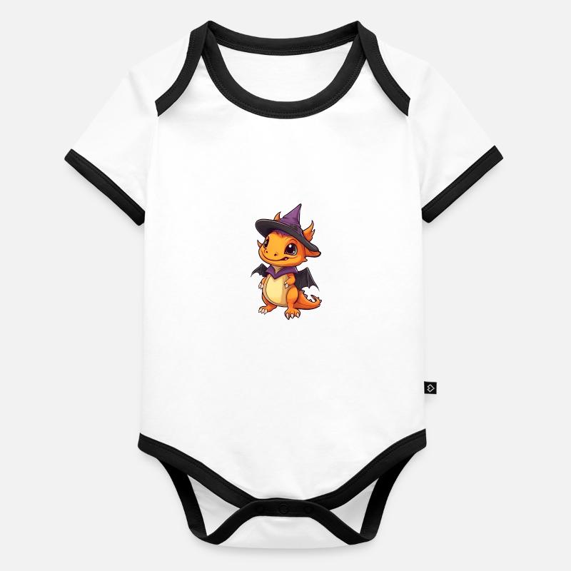Mignon dragon d’Halloween avec chapeau de sorcière. Body Bébé bio contrasté manches courtes
