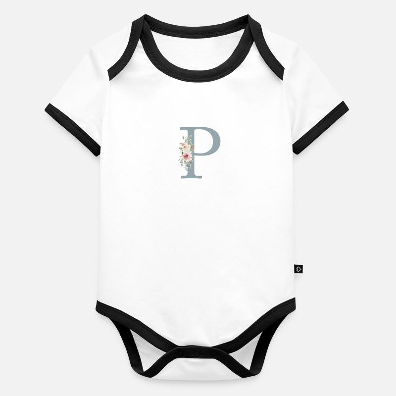 P| Monogramm | Eukalyptus-Pastell-Blumen-Blau - Baby Bio-Kurzarm-Kontrastbody - undefined