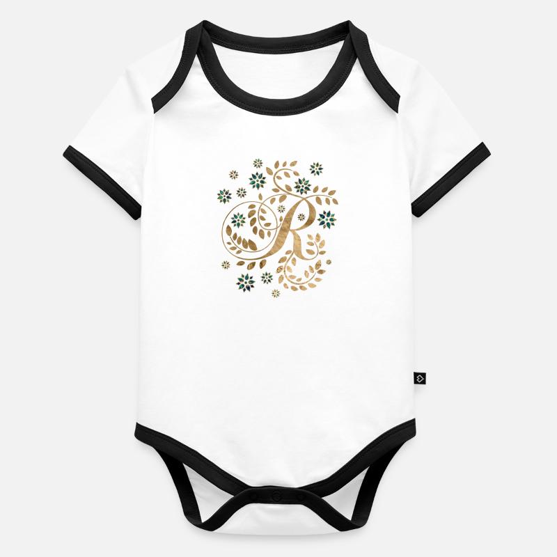 Monogramme de calligraphie dorée de luxe avec la lettre R Body Bébé bio contrasté manches courtes