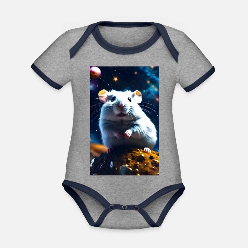 Hamster dans le cosmos - Body Bébé bio contrasté manches courtes - gris chiné/bleu marine