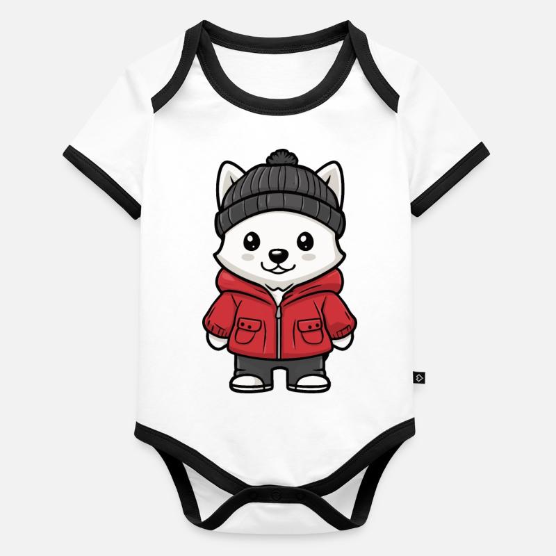 Chien Samoyède Hiver Body Bébé bio contrasté manches courtes
