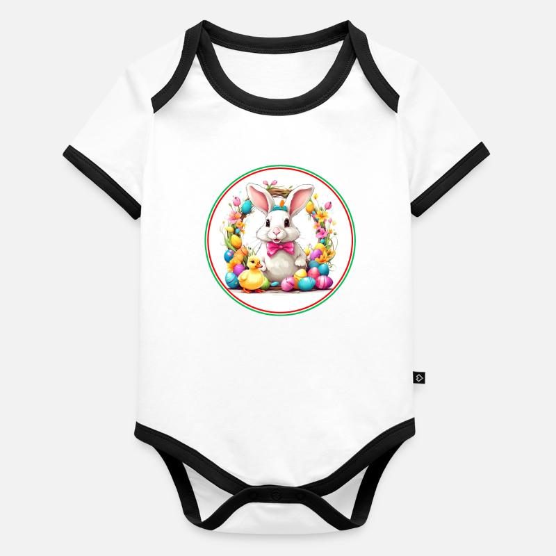Cute easter bunny in easter basket with little chick Organic Baby Contrasting Bodysuit