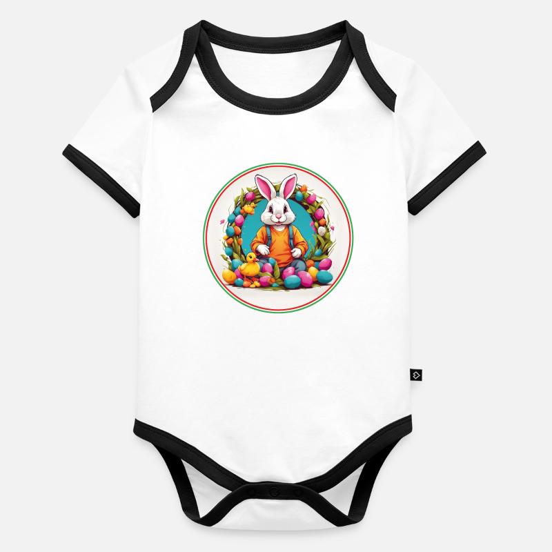 Cute easter bunny in easter basket with little chick Organic Baby Contrasting Bodysuit