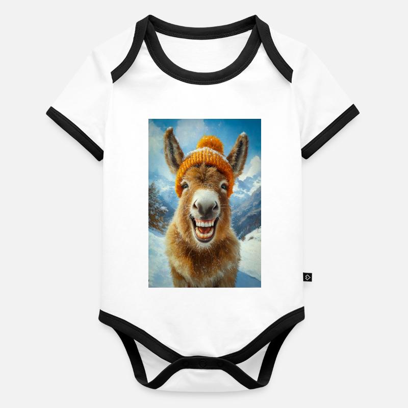 Smiling Donkey in Winter Hat Organic Baby Contrasting Bodysuit