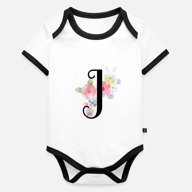 MonogrammBuchstabe J mit Pastellblüten Baby Bio-Kurzarm-Kontrastbody