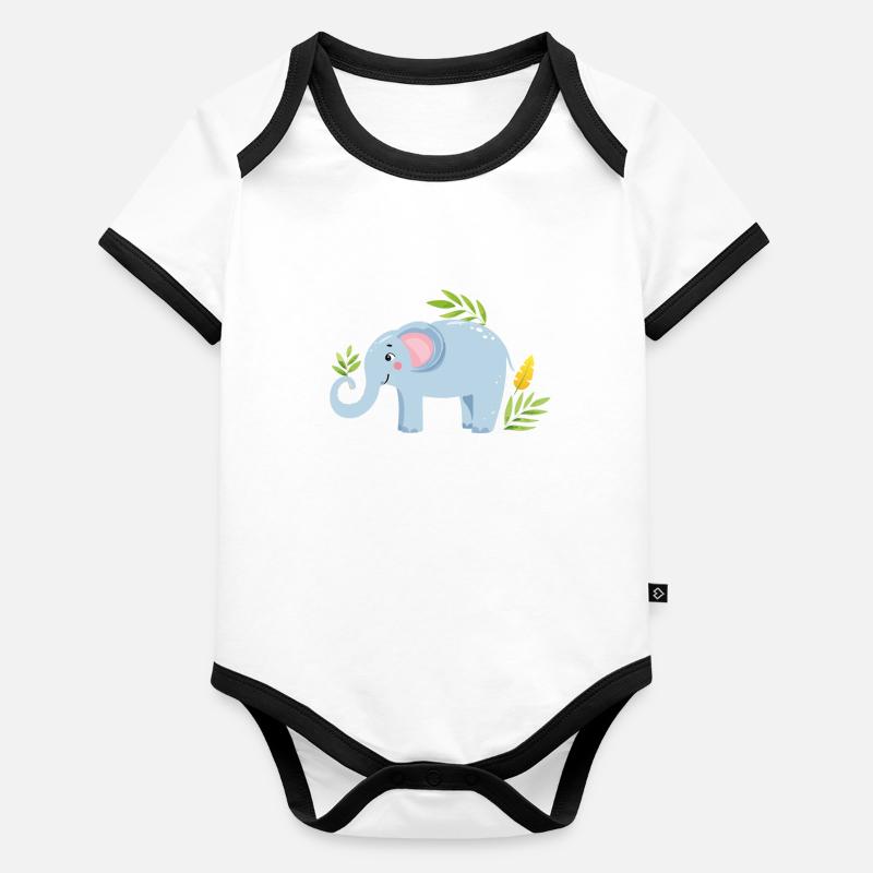 Bébé éléphant avec une feuille - Body Bébé bio contrasté manches courtes -