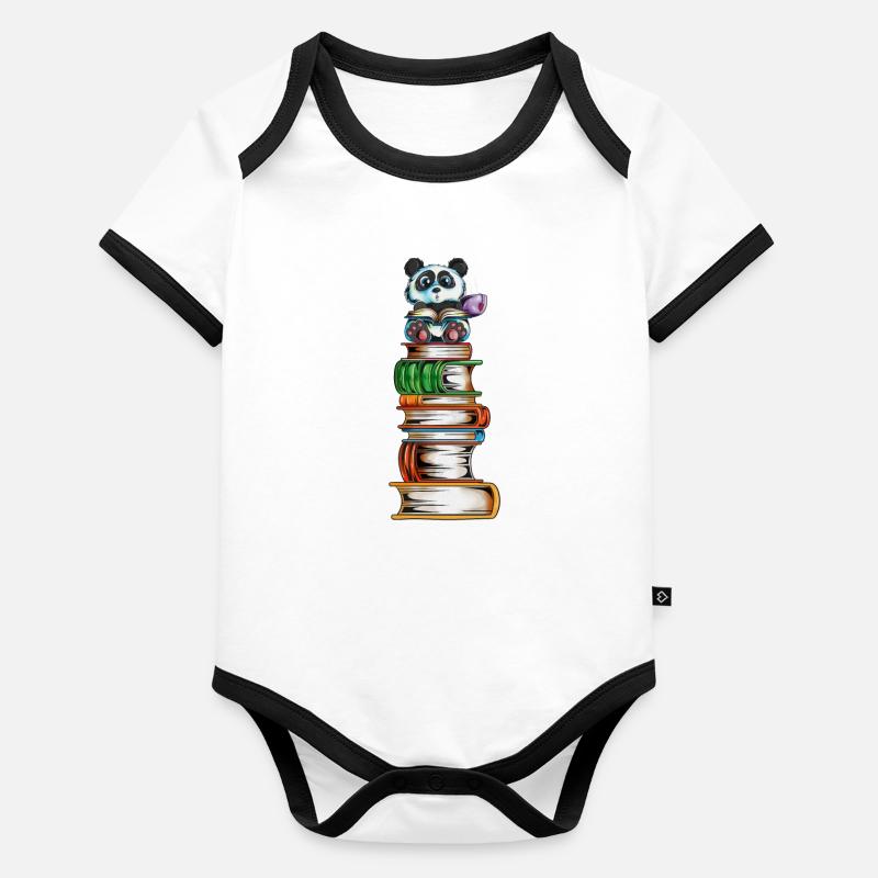 Panda bear on a book tower with tea Read the book Organic Baby Contrasting Bodysuit