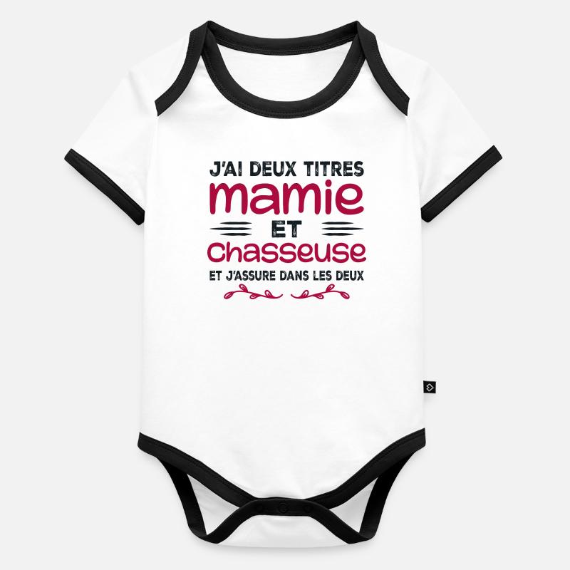 Deux Titres Mamie Chasseuse | Grand-mère | Chasse Body Bébé bio contrasté manches courtes