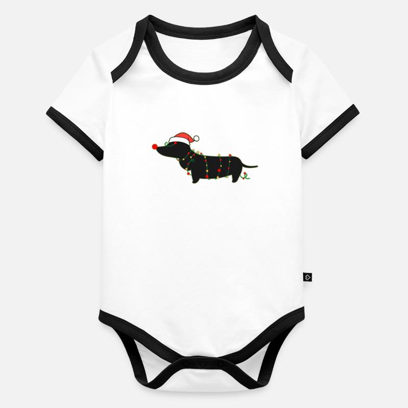 Lumières de Noël du teckel, Teckel Santa Hat Body Bébé bio contrasté manches courtes