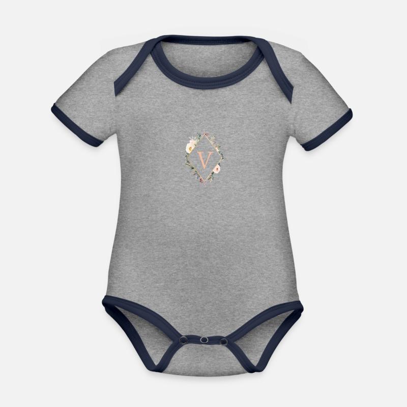 V Monogramm , Floral, Boho - Baby Bio-Kurzarm-Kontrastbody - Grau meliert/Navy