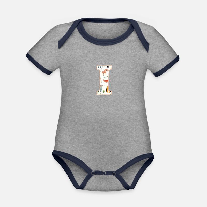Buchstabe I, Monogramm, Tiermuster - Baby Bio-Kurzarm-Kontrastbody - Grau meliert/Navy