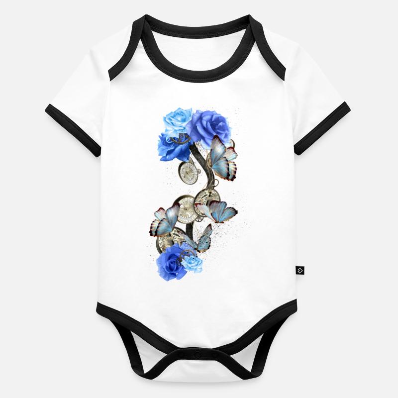 Design Steampunk avec papillons bleus et roses Body Bébé bio contrasté manches courtes