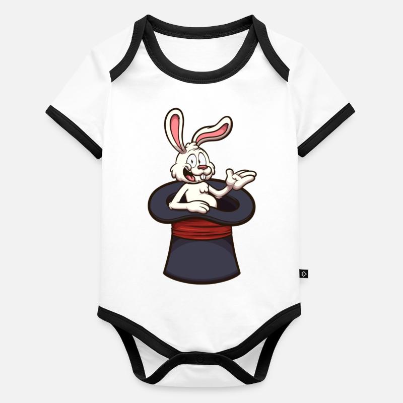 Lapin blanc au chapeau de magicien Body Bébé bio contrasté manches courtes