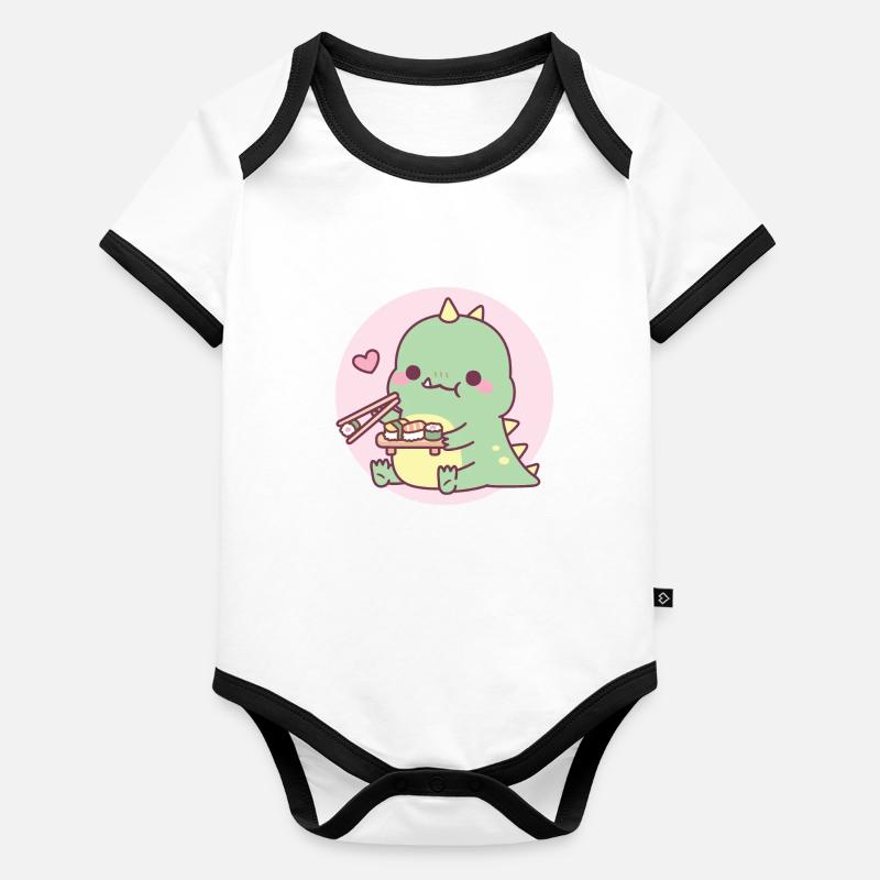Mignon dinosaure vert aime les sushis Body Bébé bio contrasté manches courtes