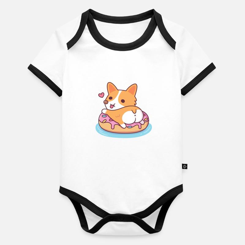 Mignon Corgi montrant des fesses sur donut Pool Float Body Bébé bio contrasté manches courtes