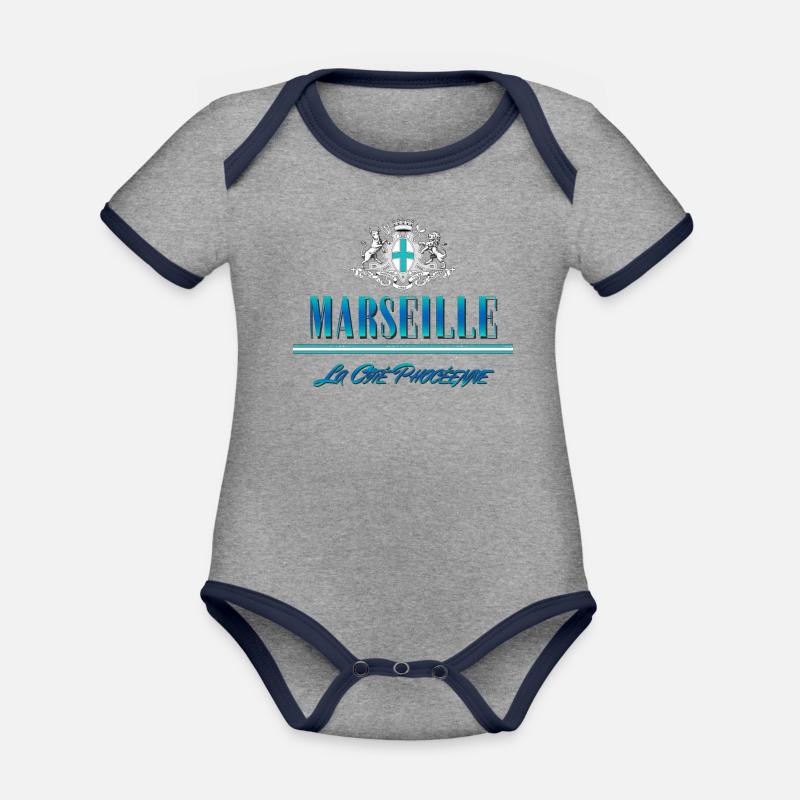 Marseille La Cité Phocéenne - Body Bébé bio contrasté manches courtes - gris chiné/bleu marine