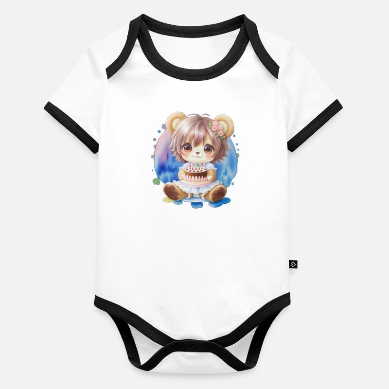 Teddybear girl et gâteau - Body Bébé bio contrasté manches courtes - undefined