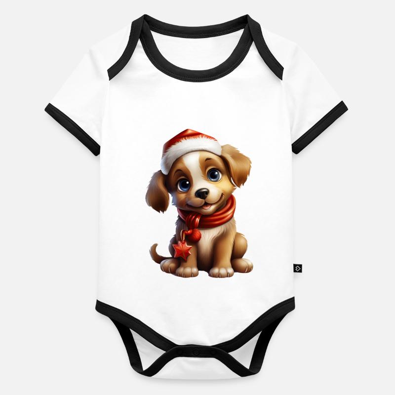 Patte de Noël : chien mignon avec chapeau 2 Body Bébé bio contrasté manches courtes