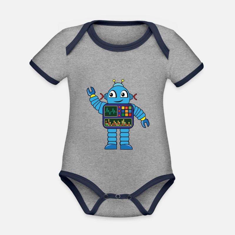 Petit robot bleu - Body Bébé bio contrasté manches courtes - gris chiné/bleu marine