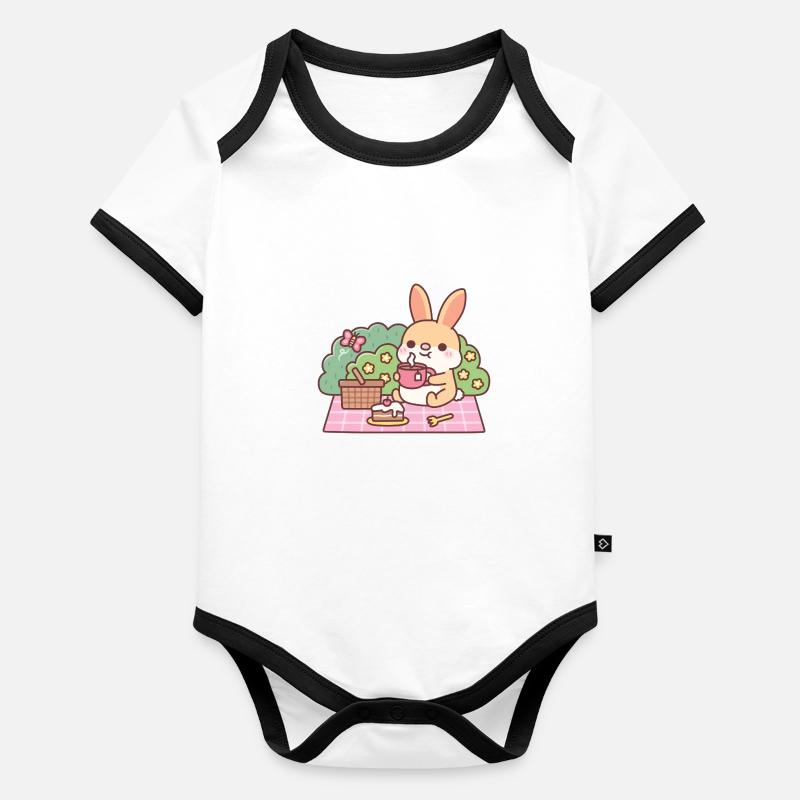 Cute Rabbit Enjoying Tea At Picnic Organic Baby Contrasting Bodysuit