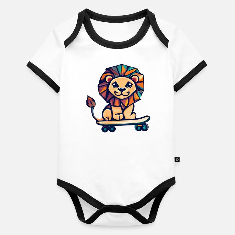Kubistischer Löwe auf Skateboard Baby Bio-Kurzarm-Kontrastbody