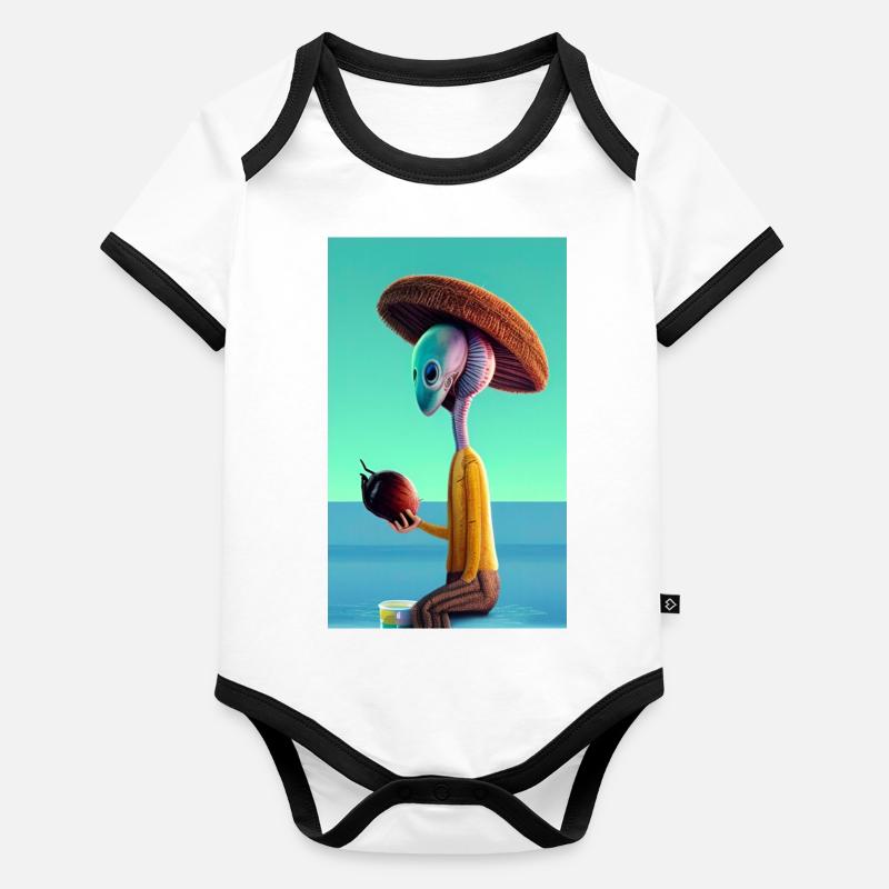 Crazy Comic Alien sur une plage avec un espace cocotier Body Bébé bio contrasté manches courtes