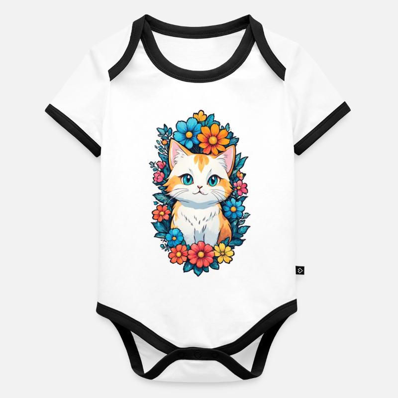 chat et fleur aquarelle Body Bébé bio contrasté manches courtes