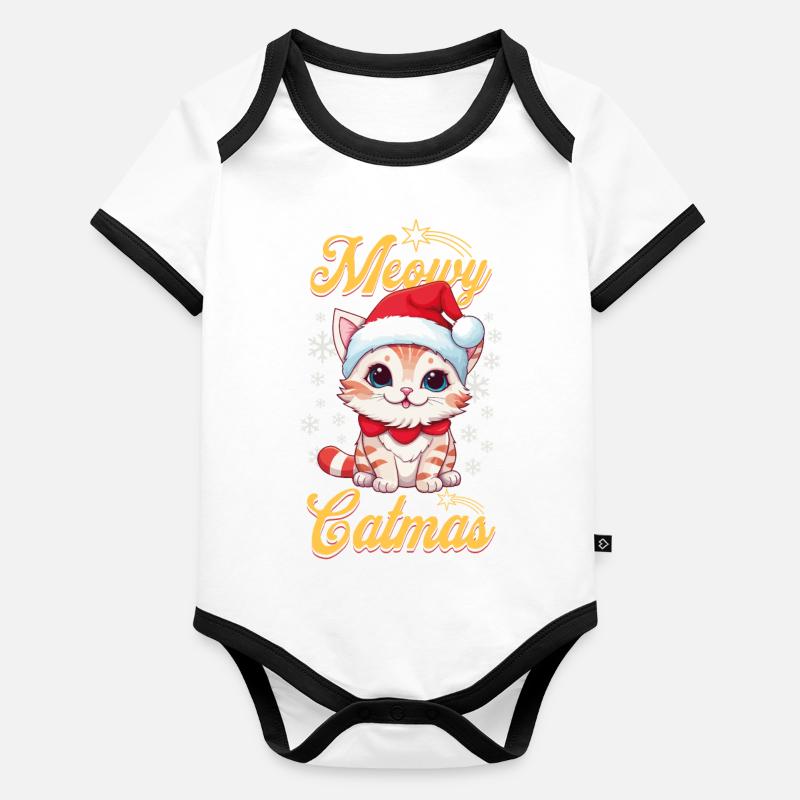 Chat Noël Joyeux Miaou Catmas Laide Mignon Body Bébé bio contrasté manches courtes