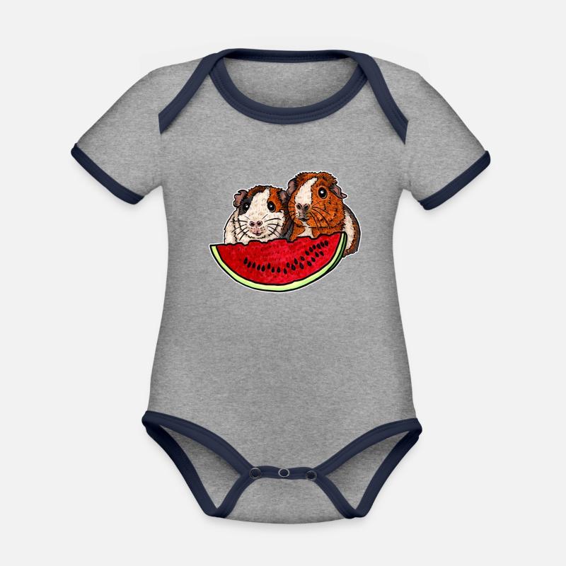 Cochons d’Inde avec la pastèque - Body Bébé bio contrasté manches courtes - gris chiné/bleu marine