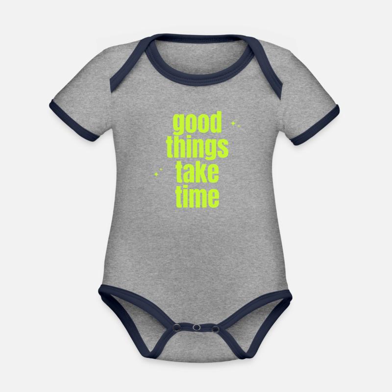 Good Things Take Time - Baby Bio-Kurzarm-Kontrastbody - Grau meliert/Navy