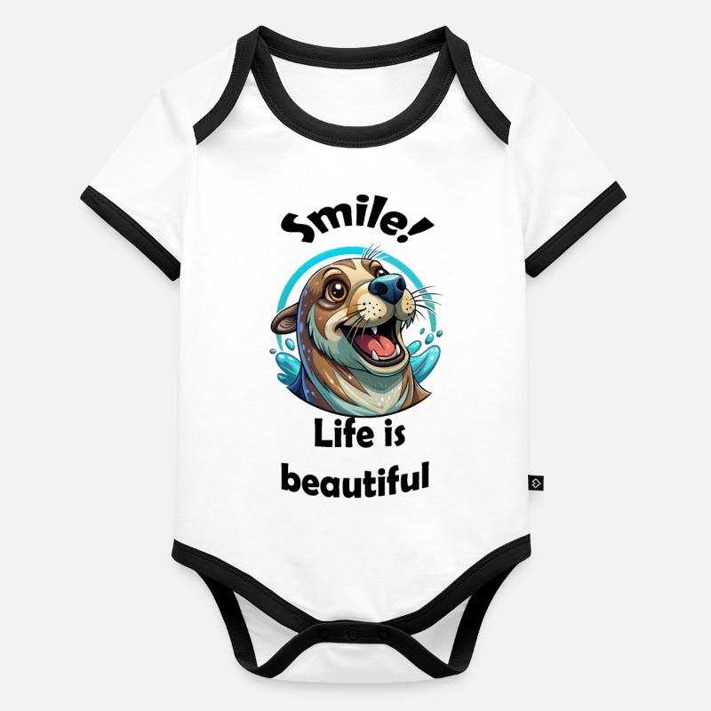 Smile Seal Life Beautiful Joyful Positive Message Organic Baby Contrasting Bodysuit