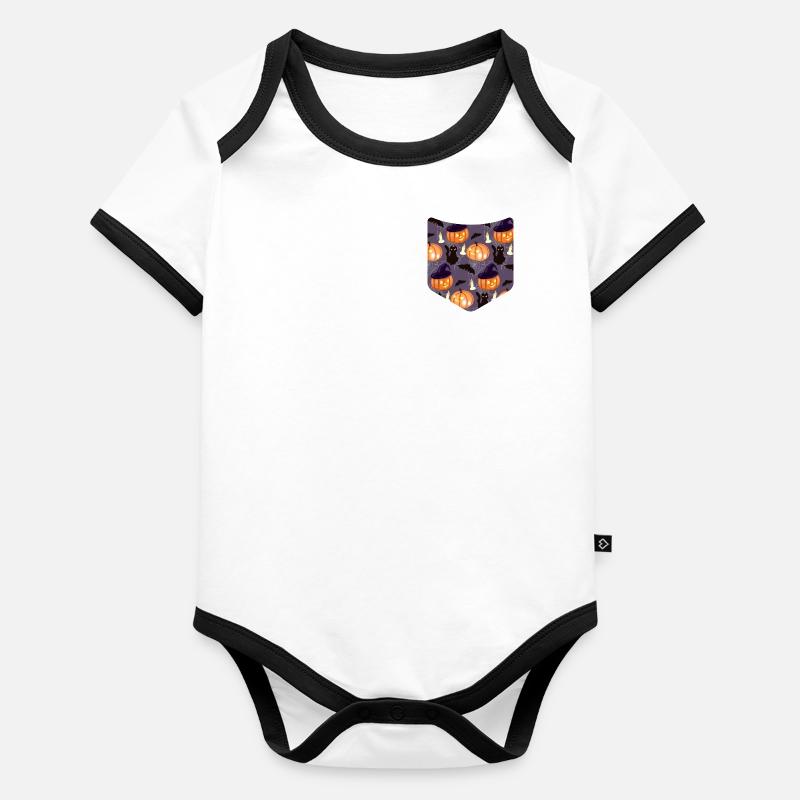 Pumpkin Cat Pattern Creepy Breast Pocket Halloween Organic Baby Contrasting Bodysuit
