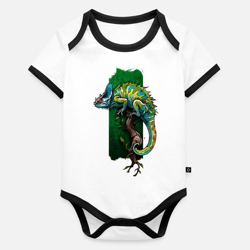 Camouflage coloré : caméléon sur une branche Body Bébé bio contrasté manches courtes