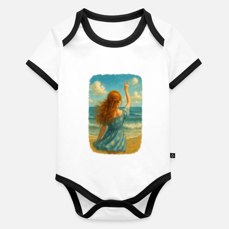 Rothaariges Mädchen am Meer Baby Bio-Kurzarm-Kontrastbody