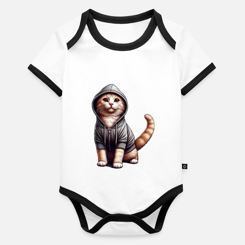 Chat portant un sweat à capuche Body Bébé bio contrasté manches courtes