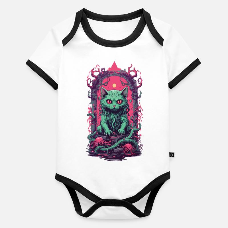 Dämon Katze Halloween Gothic Lustig Katzen Design Baby Bio-Kurzarm-Kontrastbody