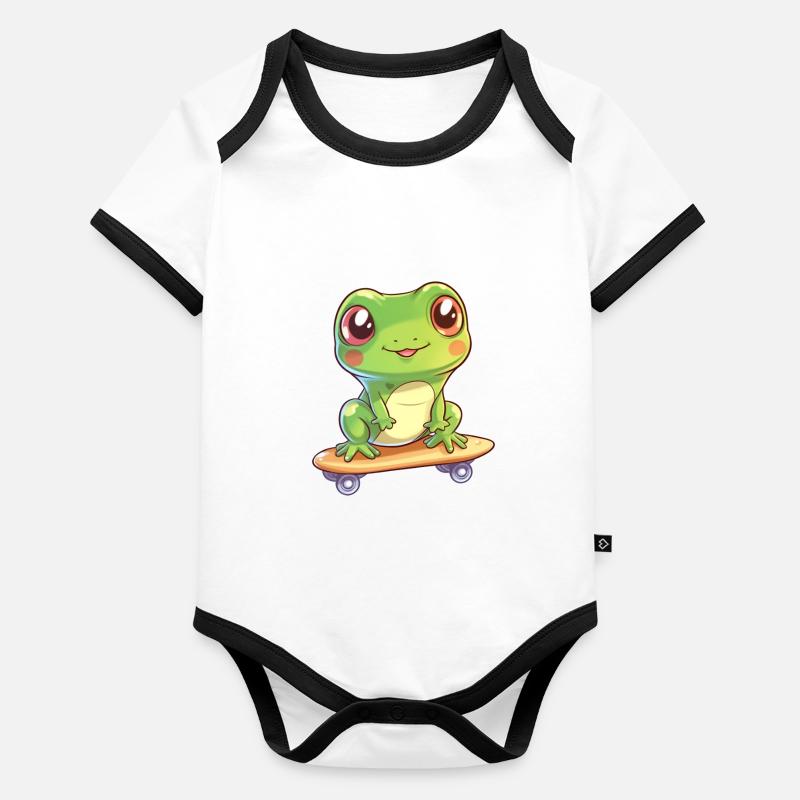 Frosch auf einem Skateboard Baby Bio-Kurzarm-Kontrastbody