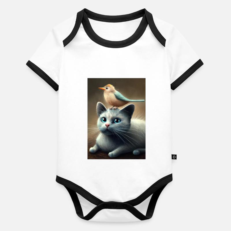 Vogel sitzt auf Katze Baby Bio-Kurzarm-Kontrastbody