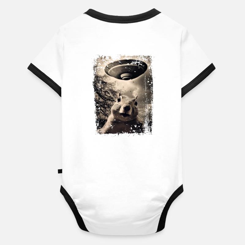 Funny Squirrel with UFO Retro Vintage Alien Organic Baby Contrasting Bodysuit