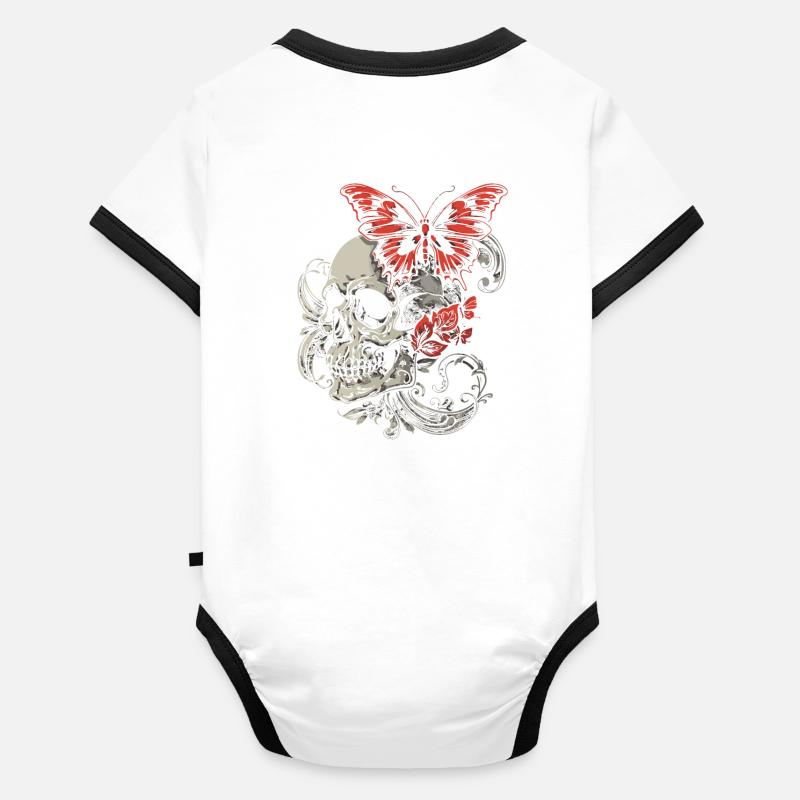 Crâne Halloween avec papillon crâne fleurs Body Bébé bio contrasté manches courtes