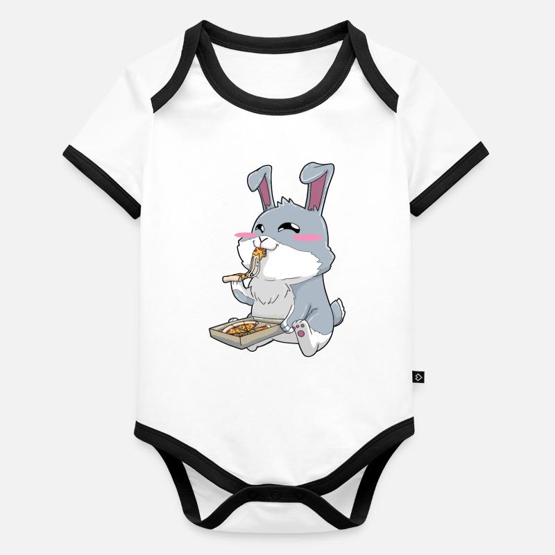 Lapin drôle mangeant de la pizza Body Bébé bio contrasté manches courtes