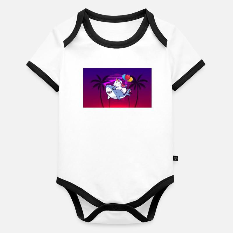Unicorn riding an 80s style shark Organic Baby Contrasting Bodysuit