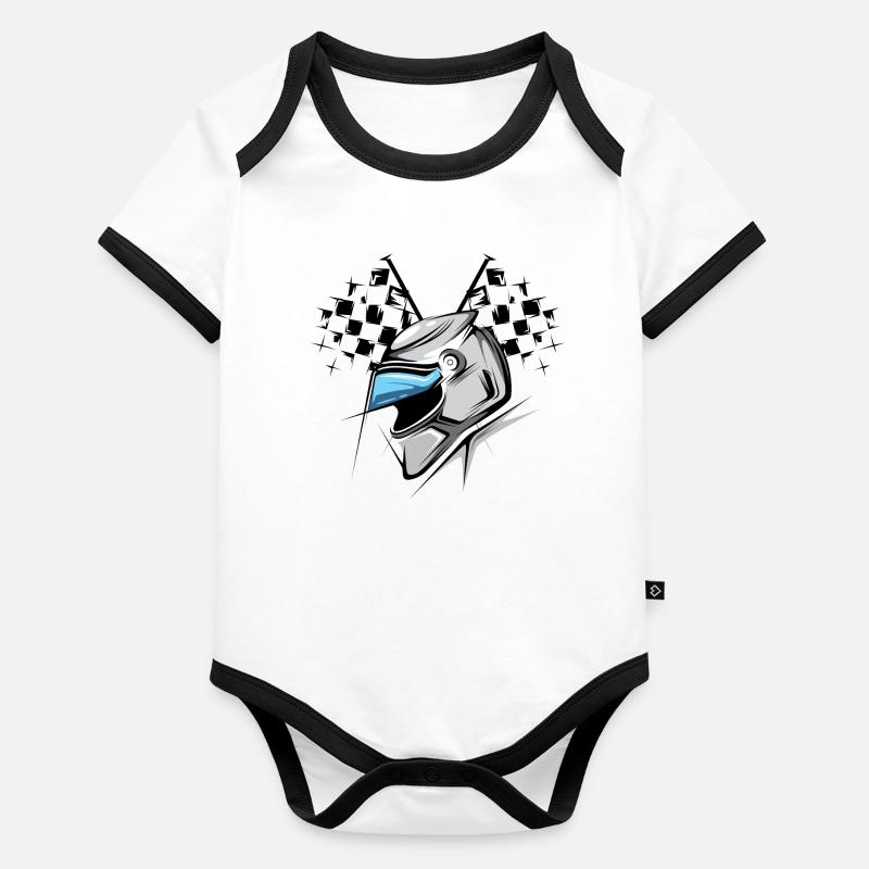 Formule damier drapeau casque illustration graphique de course Body Bébé bio contrasté manches courtes