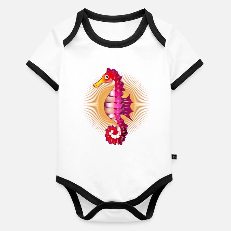 niedliches strahlendes Seepferdchen im Comic Stil Baby Bio-Kurzarm-Kontrastbody