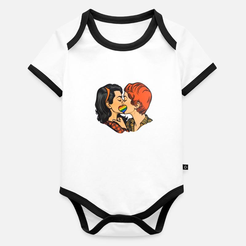 Liebespaar mit Regenbogenherz Baby Bio-Kurzarm-Kontrastbody