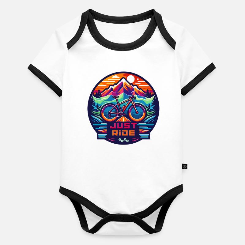Graphique avec un vélo devant un panorama de montagne Body Bébé bio contrasté manches courtes