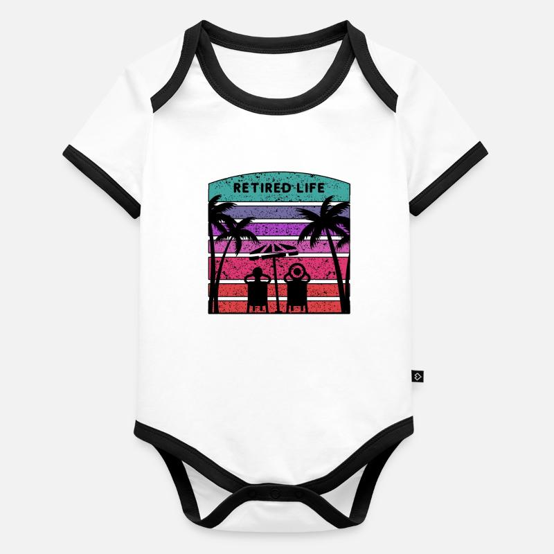 Vie de retraité avec plage et palmiers. Body Bébé bio contrasté manches courtes